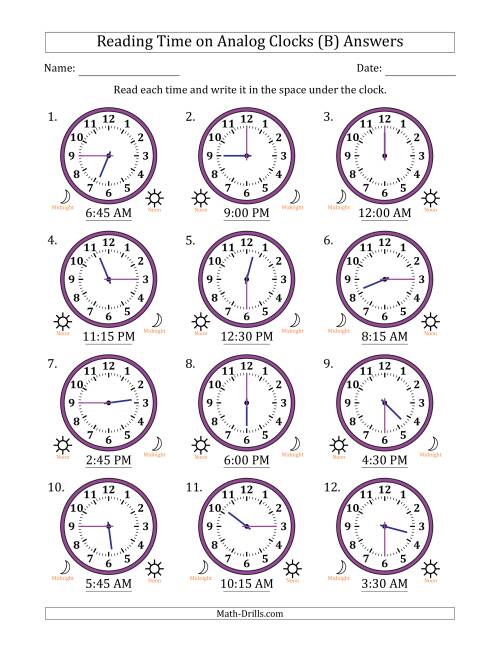 The Reading 12 Hour Time on Analog Clocks in 15 Minute Intervals (12 Clocks) (B) Math Worksheet Page 2