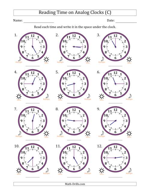 The Reading 12 Hour Time on Analog Clocks in 15 Minute Intervals (12 Clocks) (C) Math Worksheet