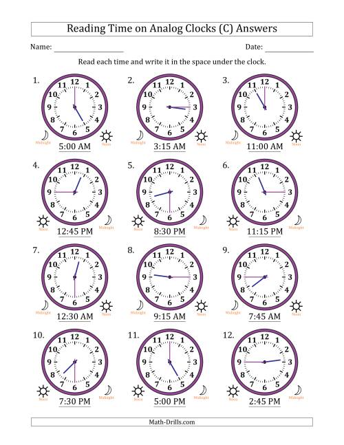 The Reading 12 Hour Time on Analog Clocks in 15 Minute Intervals (12 Clocks) (C) Math Worksheet Page 2