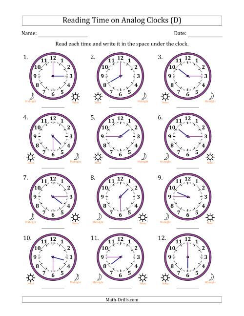 The Reading 12 Hour Time on Analog Clocks in 15 Minute Intervals (12 Clocks) (D) Math Worksheet