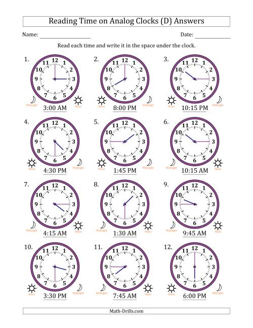 The Reading 12 Hour Time on Analog Clocks in 15 Minute Intervals (12 Clocks) (D) Math Worksheet Page 2