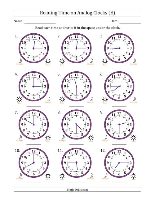 The Reading 12 Hour Time on Analog Clocks in 15 Minute Intervals (12 Clocks) (E) Math Worksheet