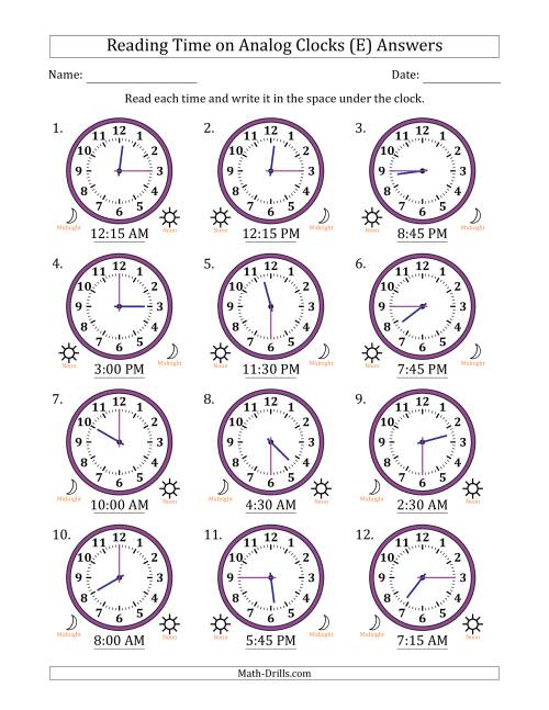 The Reading 12 Hour Time on Analog Clocks in 15 Minute Intervals (12 Clocks) (E) Math Worksheet Page 2
