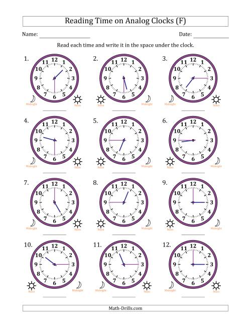 The Reading 12 Hour Time on Analog Clocks in 15 Minute Intervals (12 Clocks) (F) Math Worksheet