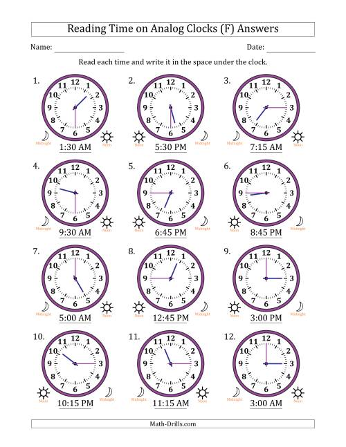 The Reading 12 Hour Time on Analog Clocks in 15 Minute Intervals (12 Clocks) (F) Math Worksheet Page 2