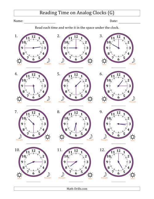 The Reading 12 Hour Time on Analog Clocks in 15 Minute Intervals (12 Clocks) (G) Math Worksheet