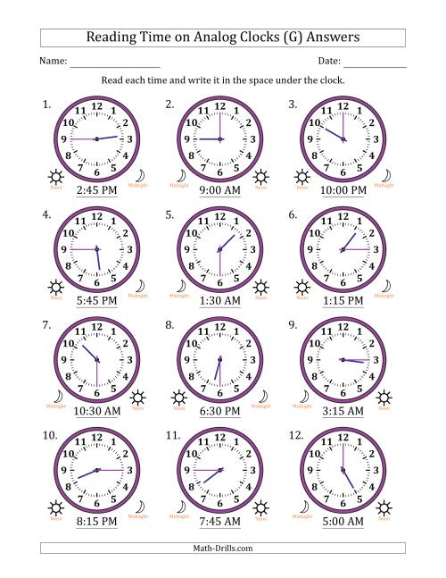 The Reading 12 Hour Time on Analog Clocks in 15 Minute Intervals (12 Clocks) (G) Math Worksheet Page 2