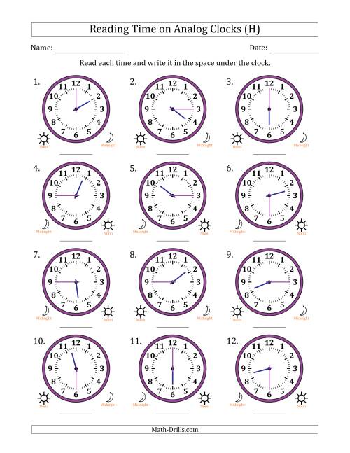 The Reading 12 Hour Time on Analog Clocks in 15 Minute Intervals (12 Clocks) (H) Math Worksheet