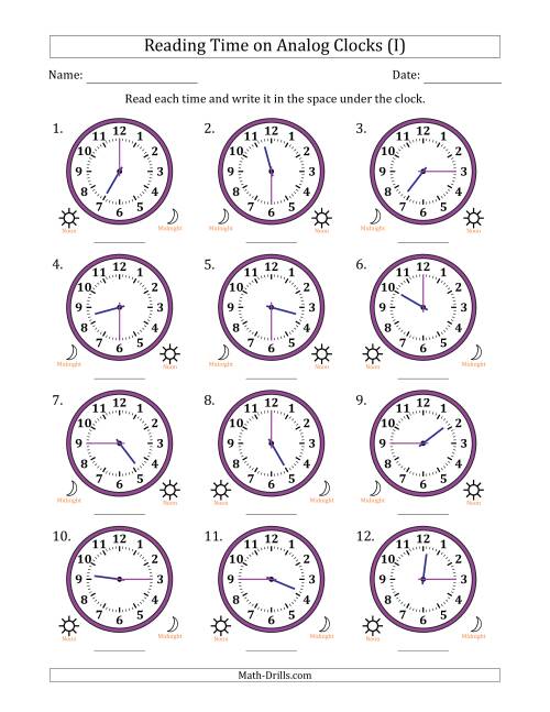 The Reading 12 Hour Time on Analog Clocks in 15 Minute Intervals (12 Clocks) (I) Math Worksheet