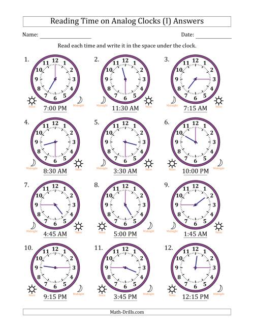 The Reading 12 Hour Time on Analog Clocks in 15 Minute Intervals (12 Clocks) (I) Math Worksheet Page 2