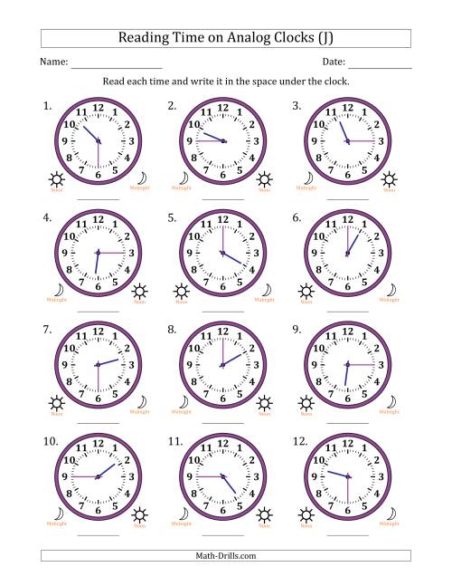 The Reading 12 Hour Time on Analog Clocks in 15 Minute Intervals (12 Clocks) (J) Math Worksheet