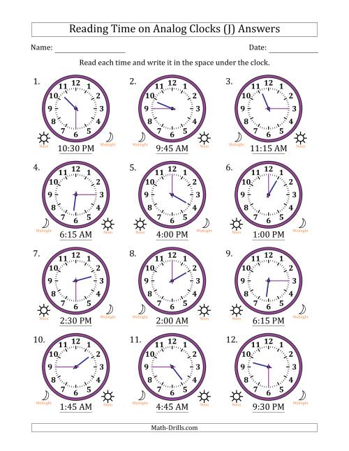 The Reading 12 Hour Time on Analog Clocks in 15 Minute Intervals (12 Clocks) (J) Math Worksheet Page 2