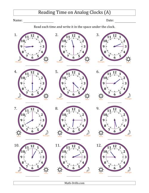 The Reading 12 Hour Time on Analog Clocks in 15 Minute Intervals (12 Clocks) (All) Math Worksheet
