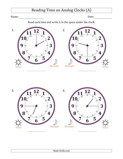 The Reading 12 Hour Time on Analog Clocks in 15 Minute Intervals (4 Large Clocks) (A) Math Worksheet