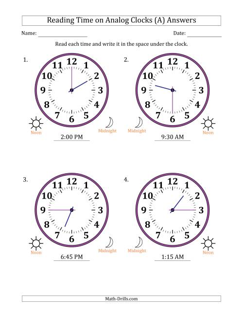 The Reading 12 Hour Time on Analog Clocks in 15 Minute Intervals (4 Large Clocks) (A) Math Worksheet Page 2