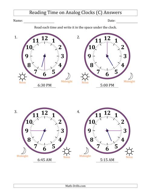 The Reading 12 Hour Time on Analog Clocks in 15 Minute Intervals (4 Large Clocks) (C) Math Worksheet Page 2