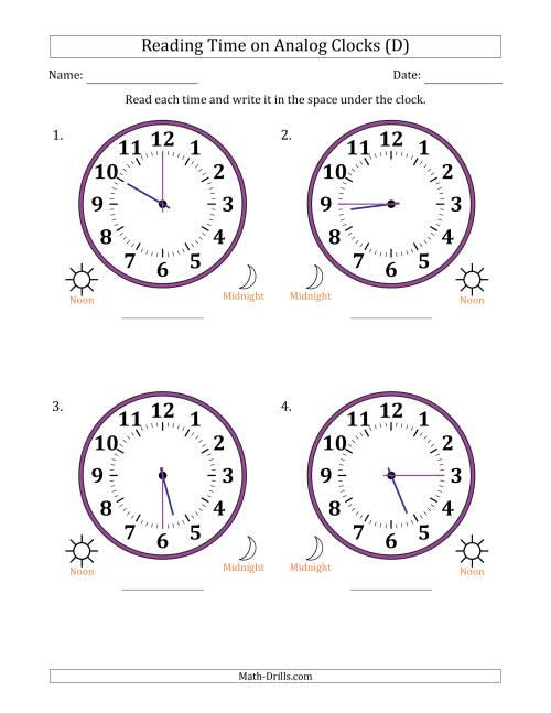 The Reading 12 Hour Time on Analog Clocks in 15 Minute Intervals (4 Large Clocks) (D) Math Worksheet