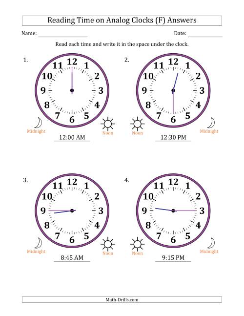 The Reading 12 Hour Time on Analog Clocks in 15 Minute Intervals (4 Large Clocks) (F) Math Worksheet Page 2