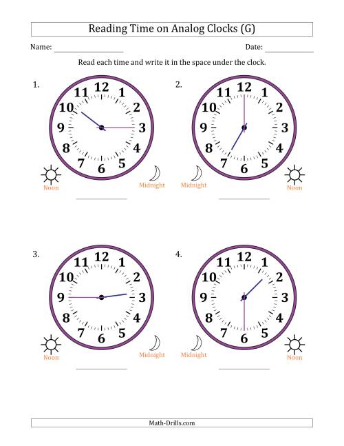 The Reading 12 Hour Time on Analog Clocks in 15 Minute Intervals (4 Large Clocks) (G) Math Worksheet