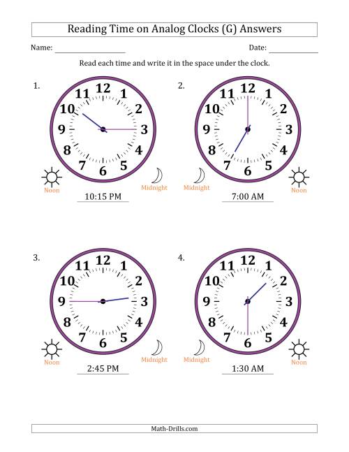 The Reading 12 Hour Time on Analog Clocks in 15 Minute Intervals (4 Large Clocks) (G) Math Worksheet Page 2