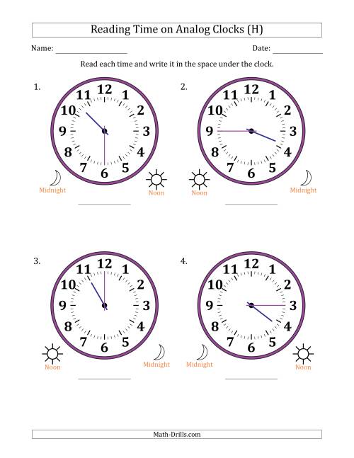 The Reading 12 Hour Time on Analog Clocks in 15 Minute Intervals (4 Large Clocks) (H) Math Worksheet