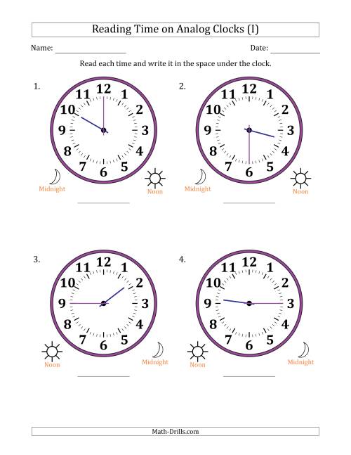 The Reading 12 Hour Time on Analog Clocks in 15 Minute Intervals (4 Large Clocks) (I) Math Worksheet