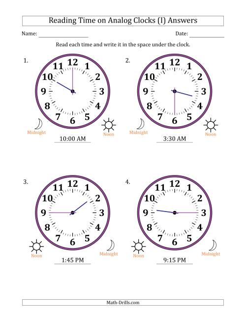 The Reading 12 Hour Time on Analog Clocks in 15 Minute Intervals (4 Large Clocks) (I) Math Worksheet Page 2