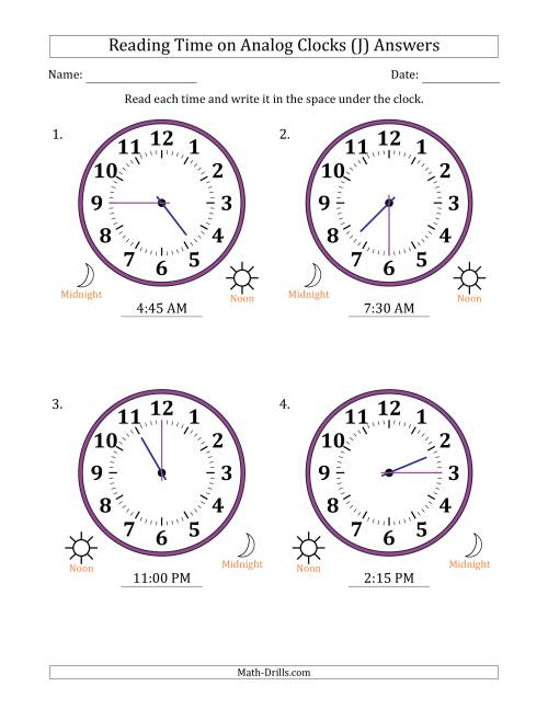 The Reading 12 Hour Time on Analog Clocks in 15 Minute Intervals (4 Large Clocks) (J) Math Worksheet Page 2
