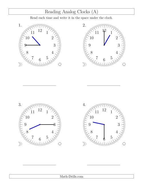 The Reading Time on 12 Hour Analog Clocks in 15 Minute Intervals (Large Clocks) (Old) Math Worksheet