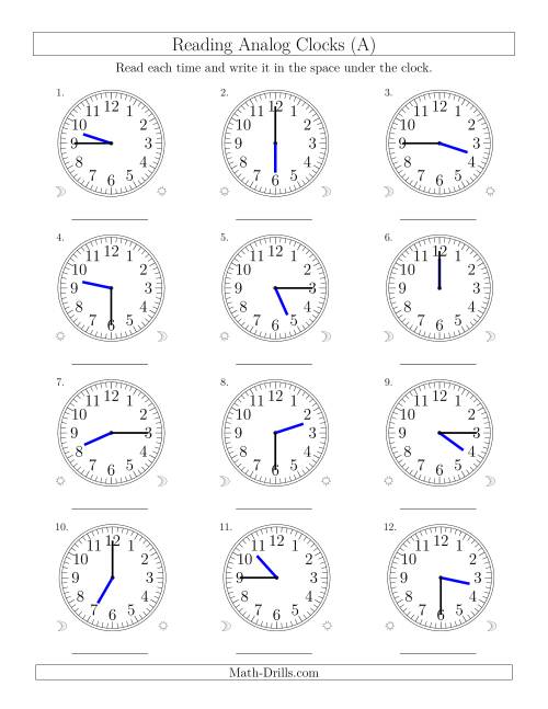 The Reading Time on 12 Hour Analog Clocks in 15 Minute Intervals (Old) Math Worksheet