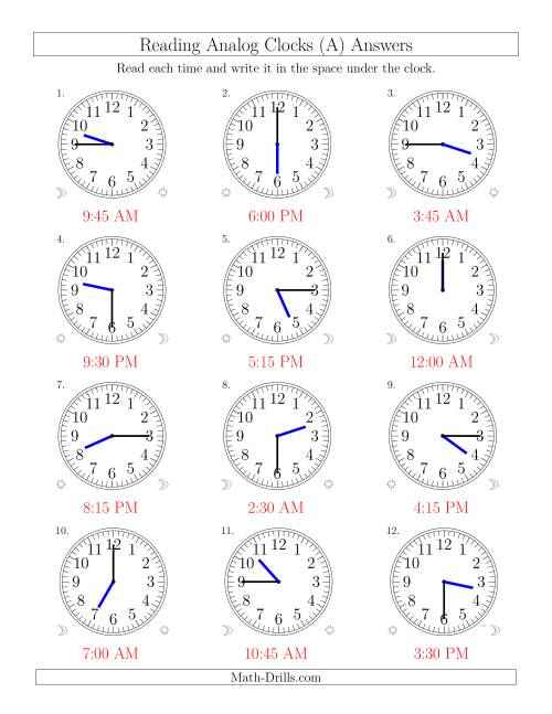 The Reading Time on 12 Hour Analog Clocks in 15 Minute Intervals (Old) Math Worksheet Page 2
