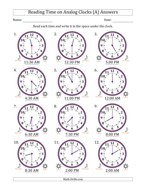 The Reading 12 Hour Time on Analog Clocks in 30 Minute Intervals (12 Clocks) (A) Math Worksheet Page 2