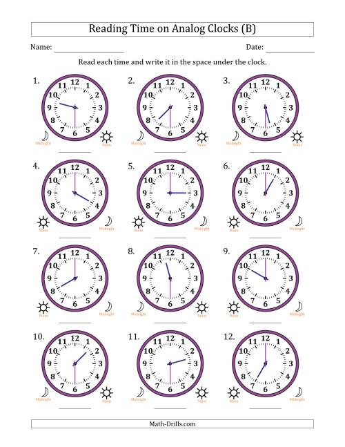 The Reading 12 Hour Time on Analog Clocks in 30 Minute Intervals (12 Clocks) (B) Math Worksheet