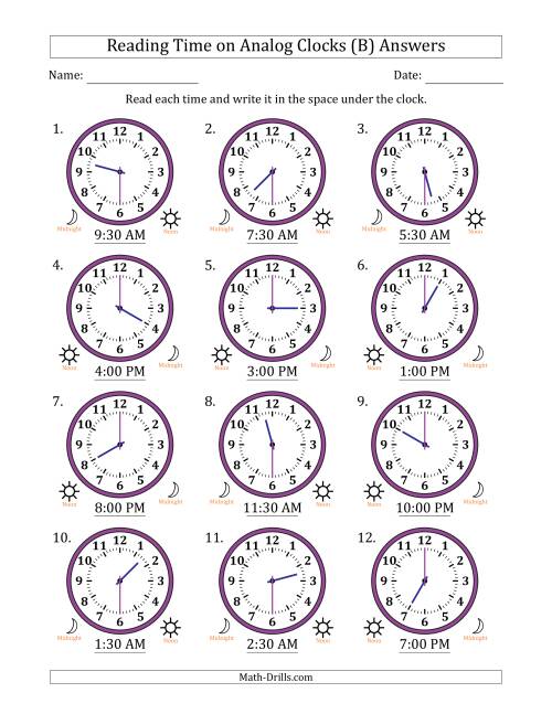 The Reading 12 Hour Time on Analog Clocks in 30 Minute Intervals (12 Clocks) (B) Math Worksheet Page 2