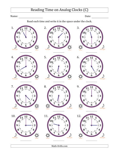 The Reading 12 Hour Time on Analog Clocks in 30 Minute Intervals (12 Clocks) (C) Math Worksheet