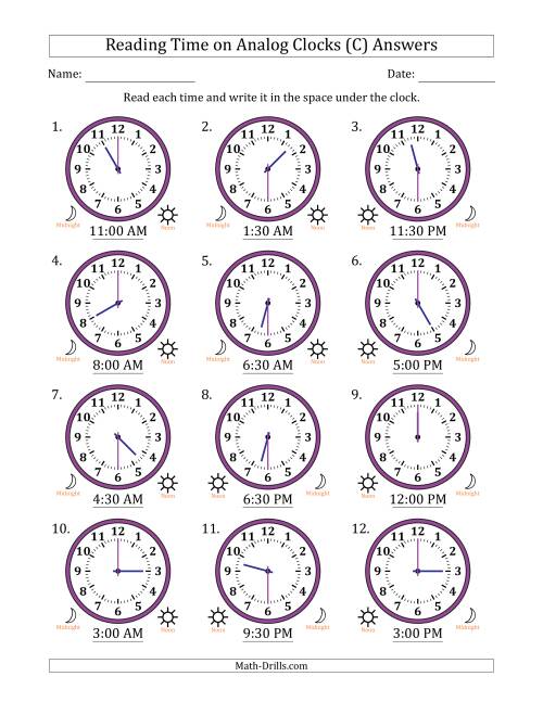 The Reading 12 Hour Time on Analog Clocks in 30 Minute Intervals (12 Clocks) (C) Math Worksheet Page 2