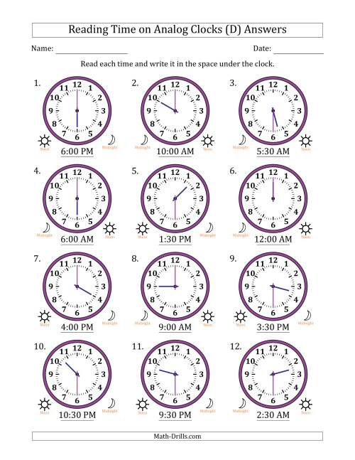 The Reading 12 Hour Time on Analog Clocks in 30 Minute Intervals (12 Clocks) (D) Math Worksheet Page 2