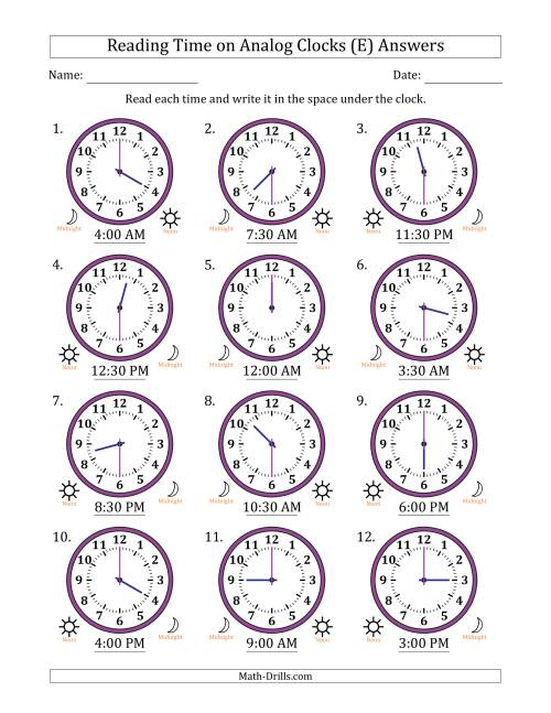 The Reading 12 Hour Time on Analog Clocks in 30 Minute Intervals (12 Clocks) (E) Math Worksheet Page 2