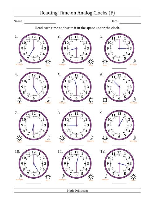 The Reading 12 Hour Time on Analog Clocks in 30 Minute Intervals (12 Clocks) (F) Math Worksheet