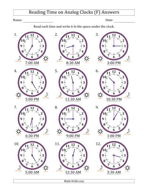 The Reading 12 Hour Time on Analog Clocks in 30 Minute Intervals (12 Clocks) (F) Math Worksheet Page 2