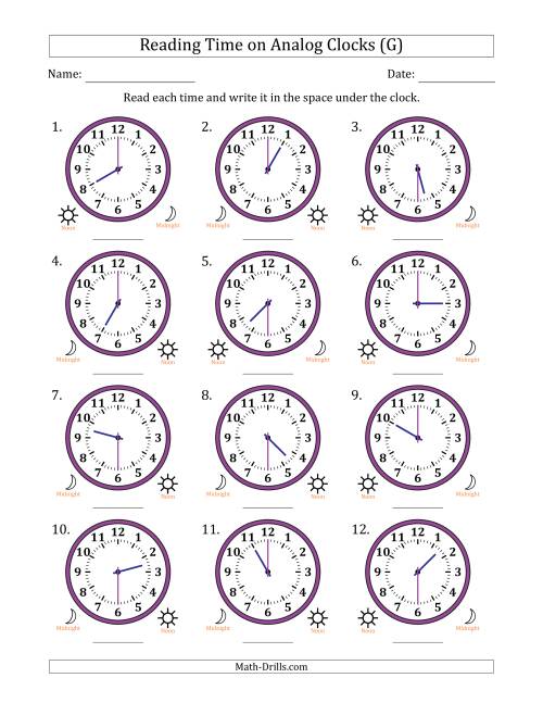 The Reading 12 Hour Time on Analog Clocks in 30 Minute Intervals (12 Clocks) (G) Math Worksheet
