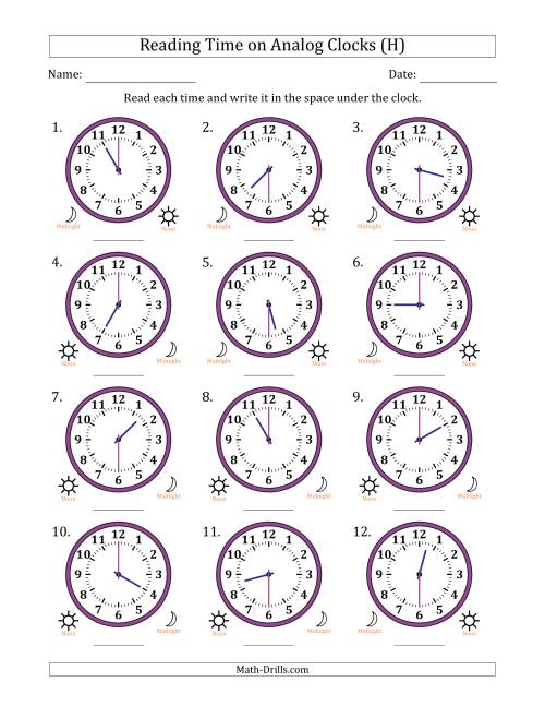 The Reading 12 Hour Time on Analog Clocks in 30 Minute Intervals (12 Clocks) (H) Math Worksheet