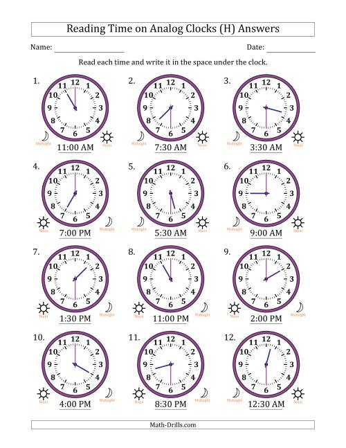 The Reading 12 Hour Time on Analog Clocks in 30 Minute Intervals (12 Clocks) (H) Math Worksheet Page 2