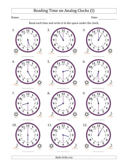 The Reading 12 Hour Time on Analog Clocks in 30 Minute Intervals (12 Clocks) (I) Math Worksheet