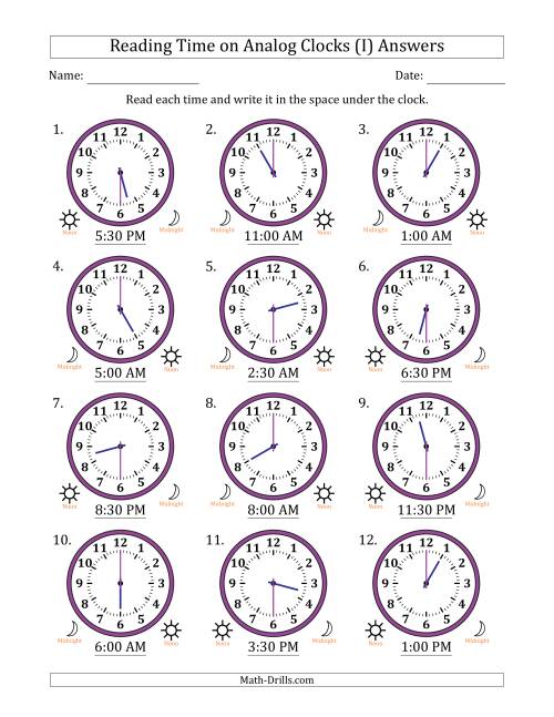 The Reading 12 Hour Time on Analog Clocks in 30 Minute Intervals (12 Clocks) (I) Math Worksheet Page 2