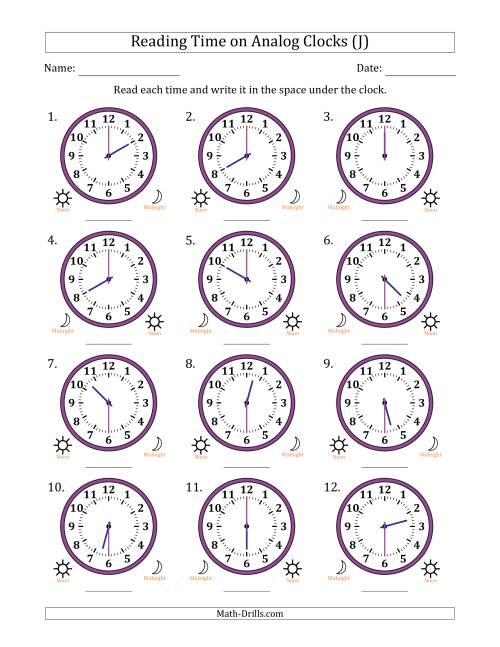 The Reading 12 Hour Time on Analog Clocks in 30 Minute Intervals (12 Clocks) (J) Math Worksheet