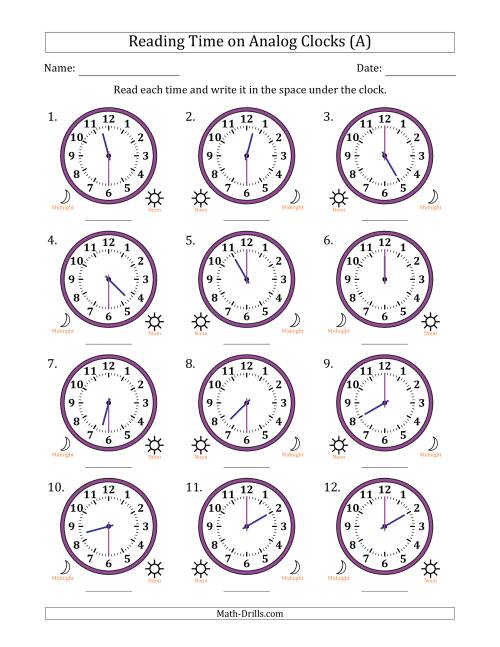 The Reading 12 Hour Time on Analog Clocks in 30 Minute Intervals (12 Clocks) (All) Math Worksheet