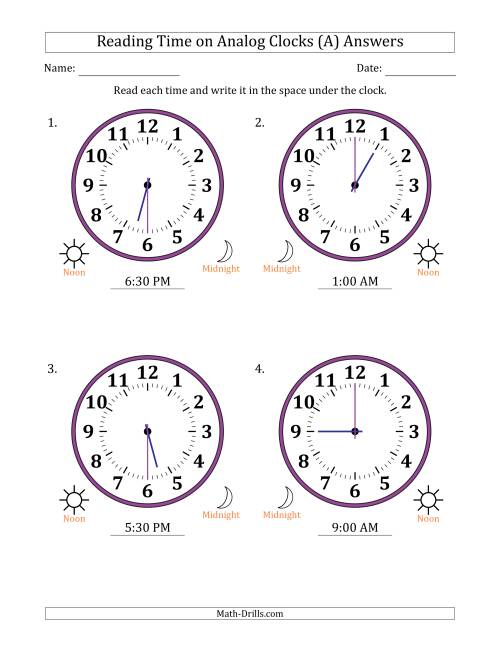 The Reading 12 Hour Time on Analog Clocks in 30 Minute Intervals (4 Large Clocks) (A) Math Worksheet Page 2