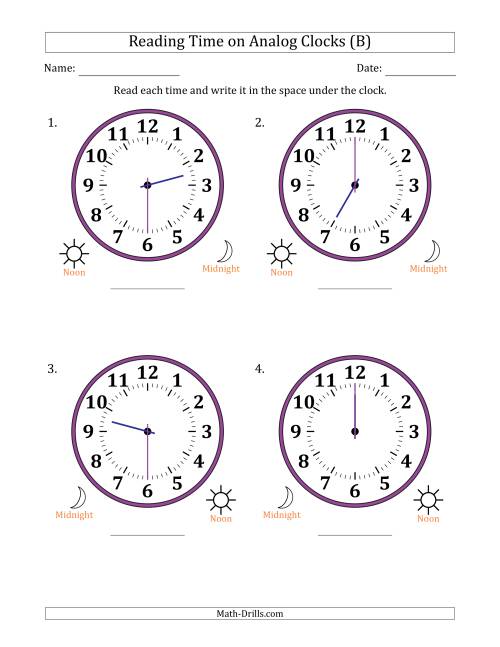 The Reading 12 Hour Time on Analog Clocks in 30 Minute Intervals (4 Large Clocks) (B) Math Worksheet