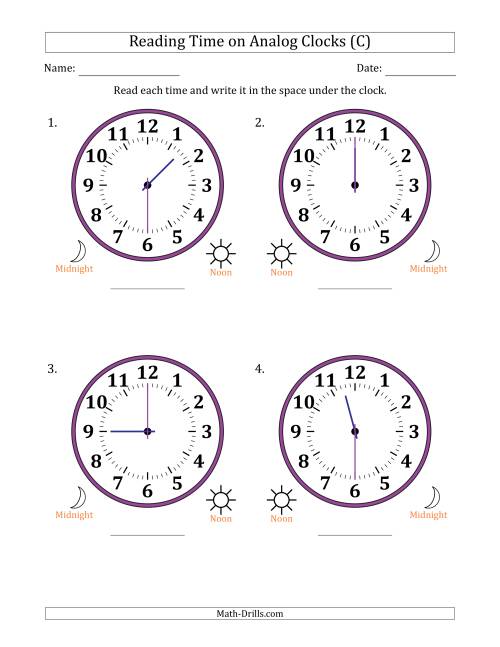 The Reading 12 Hour Time on Analog Clocks in 30 Minute Intervals (4 Large Clocks) (C) Math Worksheet